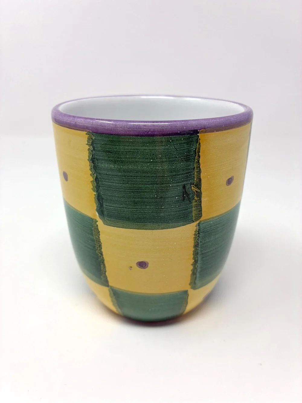 Pottery Barn China “Sunnyside” Mug 4 1/8 Green-Yellow Checker Italy Earthenware